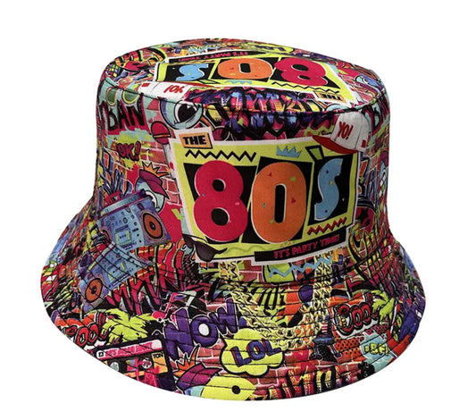 Lightweight Polyester Bucket Hat with Reversible Graffiti Print for Men and Women Retro Disco Party Fisherman Cap 80's and 90's