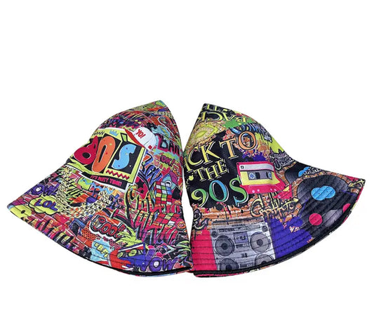 Lightweight Polyester Bucket Hat with Reversible Graffiti Print for Men and Women Retro Disco Party Fisherman Cap 80's and 90's