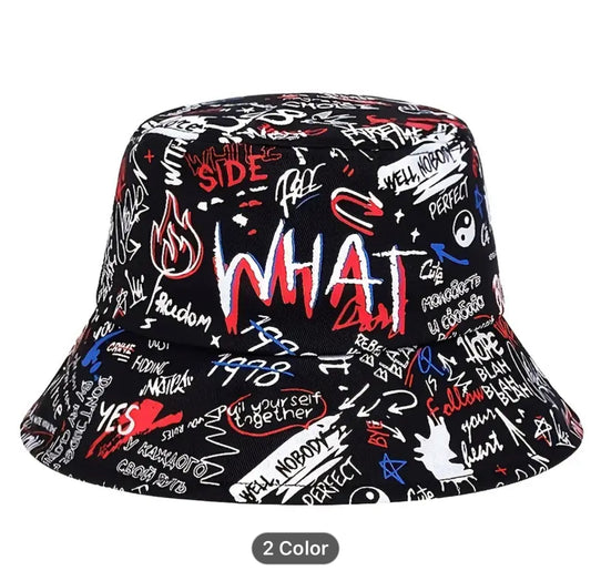 Men's Street Style Bucket Hat - Colored Graffiti Print Hip Hop Fashion-Summer Accessory available in black and white